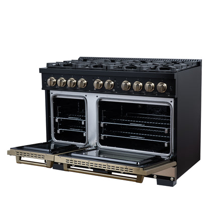 Valente 48" Dual Fuel Range in Black, 8 Sealed Burners, 94 000 BTU Cooktop Output, 6.7 Cu.Ft. Double Oven, Telescopic Racks - Forno Appliances