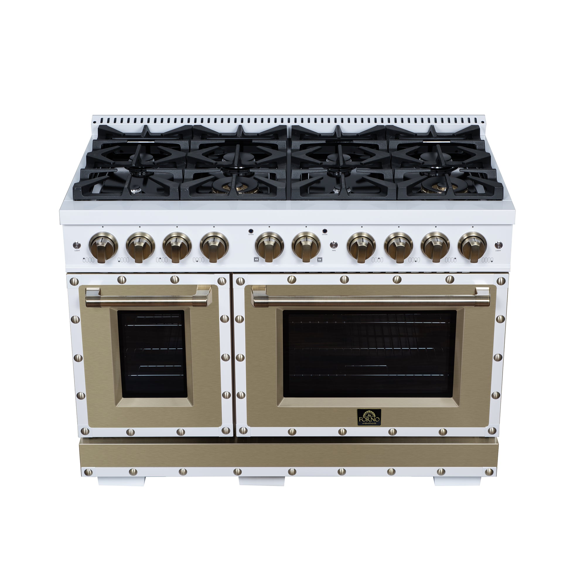 Valente 48" Dual Fuel Range in White, 8 Sealed Burners, 94 000 BTU Cooktop Output, 6.7 Cu.Ft. Double Oven, Telescopic Racks - Forno Appliances