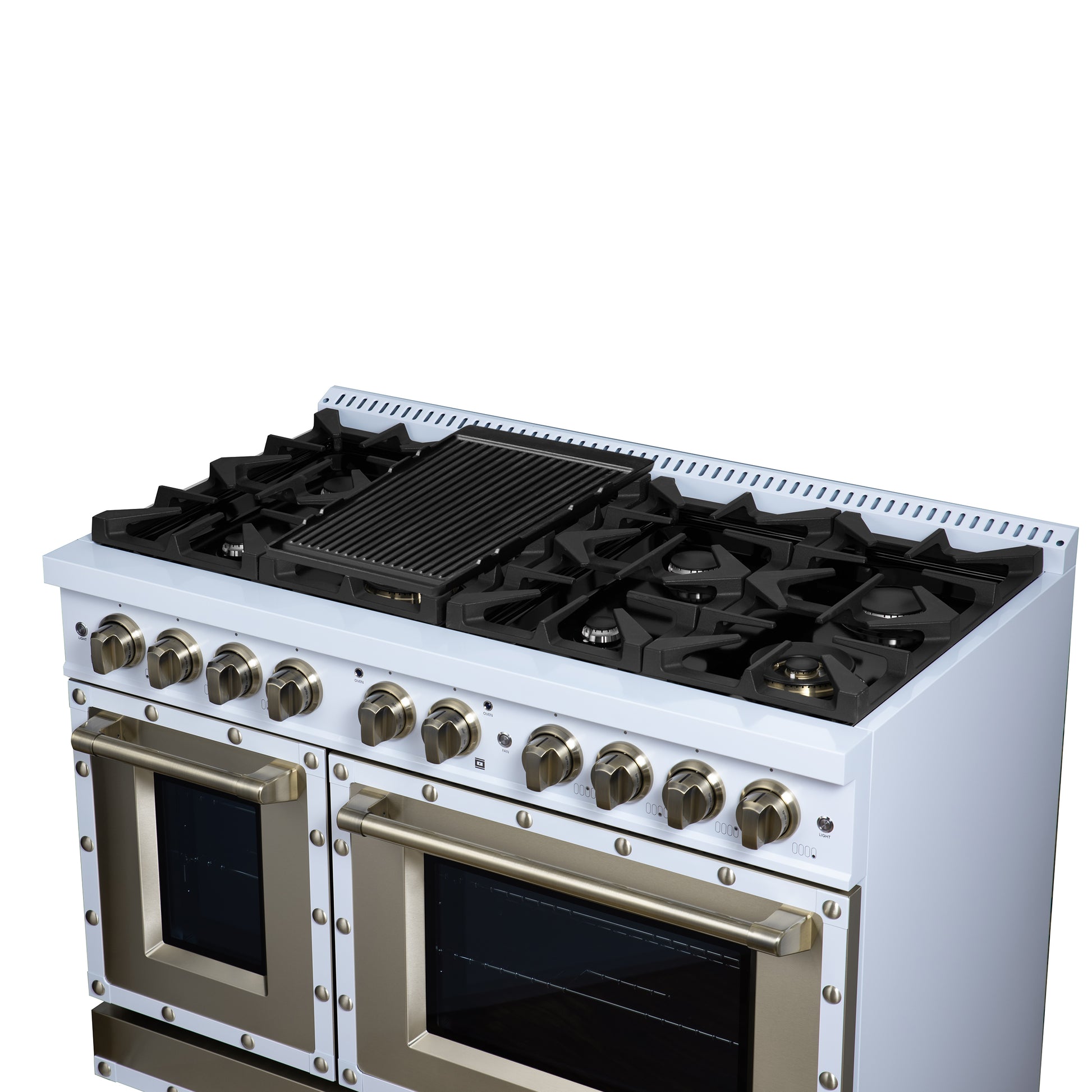 Valente 48" Dual Fuel Range in White, 8 Sealed Burners, 94 000 BTU Cooktop Output, 6.7 Cu.Ft. Double Oven, Telescopic Racks - Forno Appliances