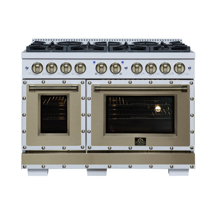Valente 48" Dual Fuel Range in White, 8 Sealed Burners, 94 000 BTU Cooktop Output, 6.7 Cu.Ft. Double Oven, Telescopic Racks - Forno Appliances