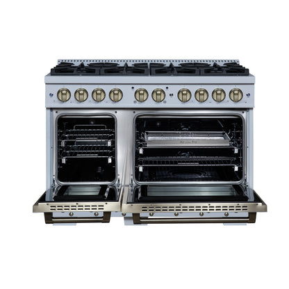 Valente 48" Dual Fuel Range in White, 8 Sealed Burners, 94 000 BTU Cooktop Output, 6.7 Cu.Ft. Double Oven, Telescopic Racks - Forno Appliances