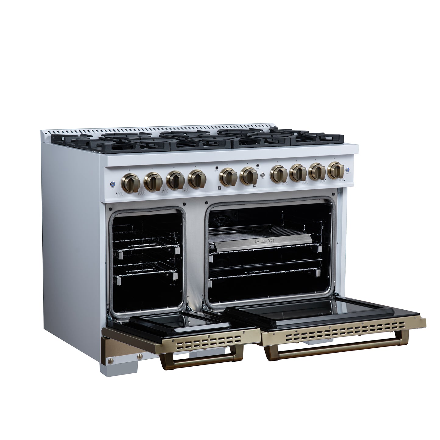 Valente 48" Dual Fuel Range in White, 8 Sealed Burners, 94 000 BTU Cooktop Output, 6.7 Cu.Ft. Double Oven, Telescopic Racks - Forno Appliances