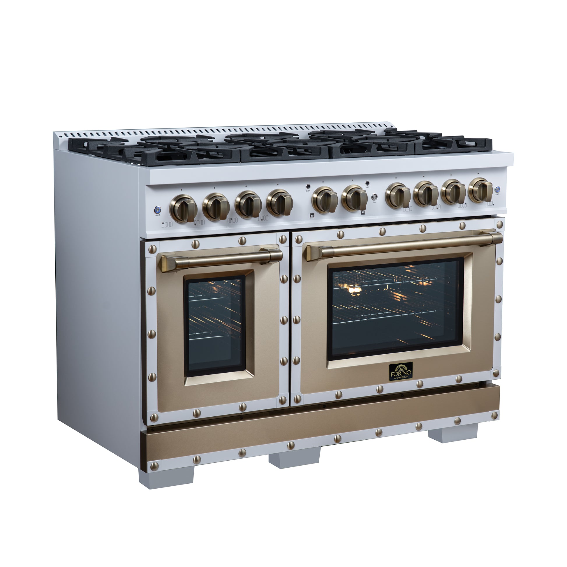 Valente 48" Dual Fuel Range in White, 8 Sealed Burners, 94 000 BTU Cooktop Output, 6.7 Cu.Ft. Double Oven, Telescopic Racks - Forno Appliances