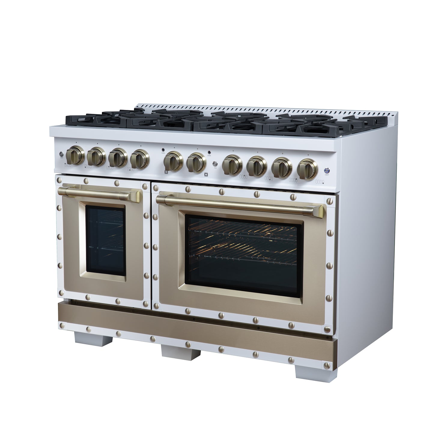 Valente 48" Dual Fuel Range in White, 8 Sealed Burners, 94 000 BTU Cooktop Output, 6.7 Cu.Ft. Double Oven, Telescopic Racks - Forno Appliances