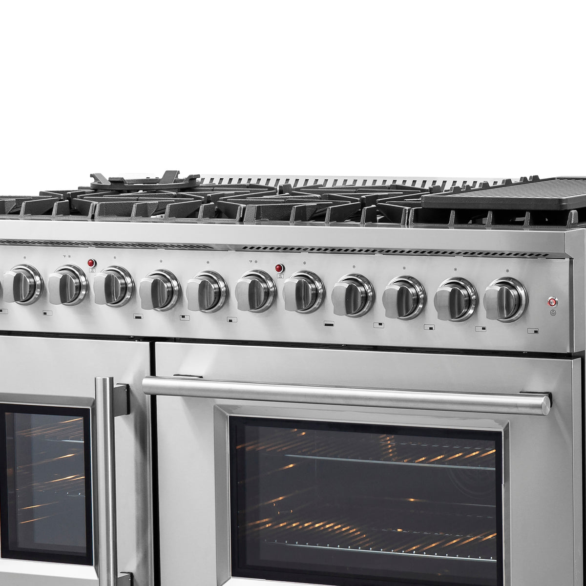 FORNO Galiano 48-Inch French Door Dual Fuel Range All Stainless Steel, 8 Sealed Burners, 107,000 BTU, Griddle, 6.58 cu.ft. Double Ovens - Forno Appliances