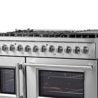 FORNO Galiano 48-Inch French Door Dual Fuel Range All Stainless Steel, 8 Sealed Burners, 107,000 BTU, Griddle, 6.58 cu.ft. Double Ovens - Forno Appliances
