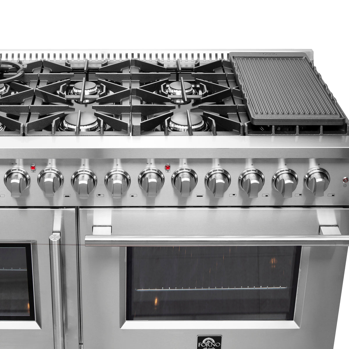 FORNO Galiano 48-Inch French Door Dual Fuel Range All Stainless Steel, 8 Sealed Burners, 107,000 BTU, Griddle, 6.58 cu.ft. Double Ovens - Forno Appliances