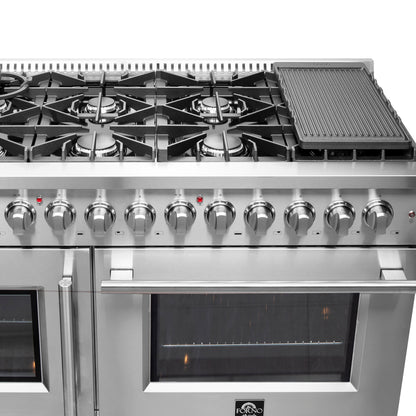 FORNO Galiano 48-Inch French Door Dual Fuel Range All Stainless Steel, 8 Sealed Burners, 107,000 BTU, Griddle, 6.58 cu.ft. Double Ovens - Forno Appliances