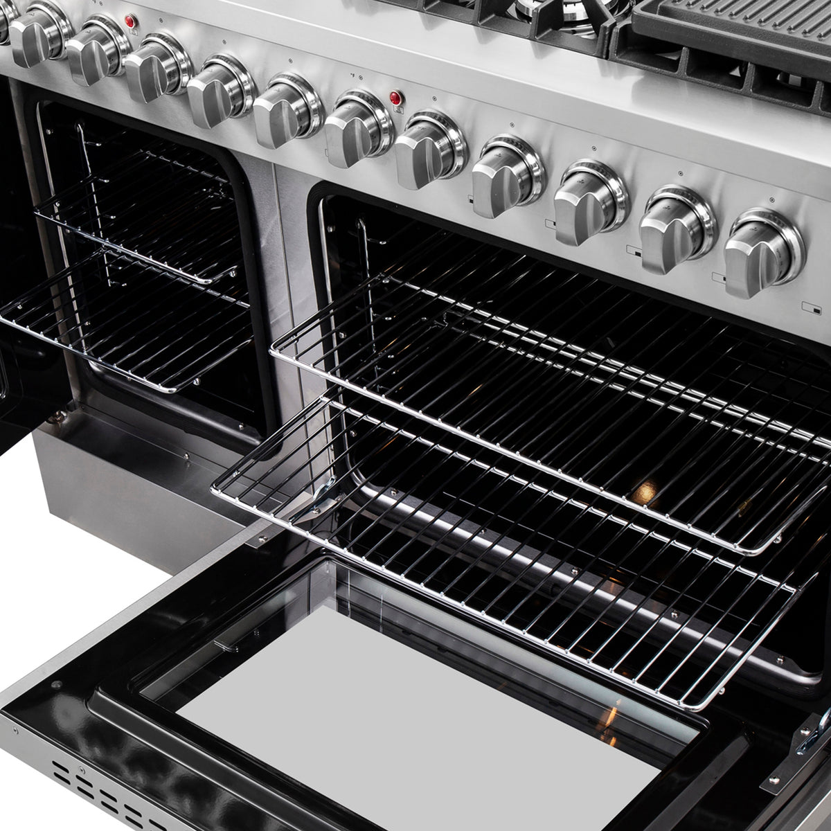 FORNO Galiano 48-Inch French Door Dual Fuel Range All Stainless Steel, 8 Sealed Burners, 107,000 BTU, Griddle, 6.58 cu.ft. Double Ovens - Forno Appliances
