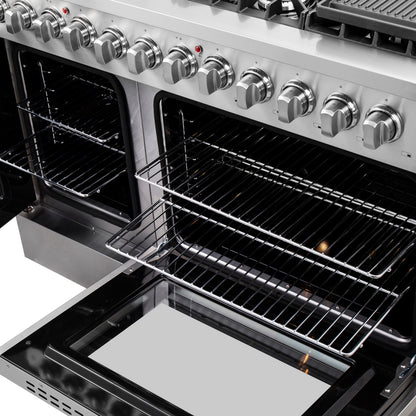 FORNO Galiano 48-Inch French Door Dual Fuel Range All Stainless Steel, 8 Sealed Burners, 107,000 BTU, Griddle, 6.58 cu.ft. Double Ovens - Forno Appliances