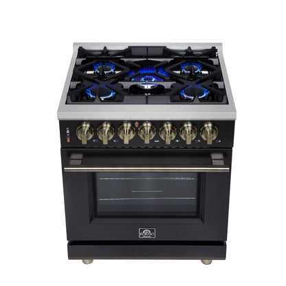 Cocina independiente Forno Massimo de 30 pulgadas con doble combustible, color negro y accesorios de latón antiguo, 4 quemadores y horno de convección de 4.32 pies cúbicos.