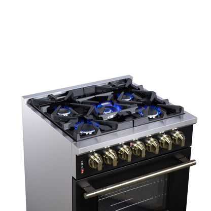 Cocina independiente Forno Massimo de 30 pulgadas con doble combustible, color negro y accesorios de latón antiguo, 4 quemadores y horno de convección de 4.32 pies cúbicos.