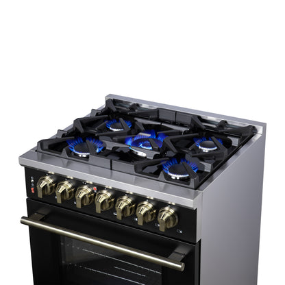 Cocina independiente Forno Massimo de 30 pulgadas con doble combustible, color negro y accesorios de latón antiguo, 4 quemadores y horno de convección de 4.32 pies cúbicos.