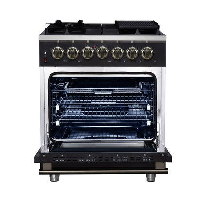Cocina independiente Forno Massimo de 30 pulgadas con doble combustible, color negro y accesorios de latón antiguo, 4 quemadores y horno de convección de 4.32 pies cúbicos.