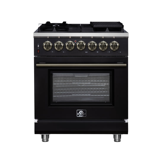 Cuisinière bi-énergie autonome Forno Massimo de 30 pouces, noire, avec accessoires en laiton antique, 4 brûleurs et four à convection de 4,32 pi³.