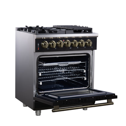 Cocina independiente Forno Massimo de 30 pulgadas con doble combustible, color negro y accesorios de latón antiguo, 4 quemadores y horno de convección de 4.32 pies cúbicos.