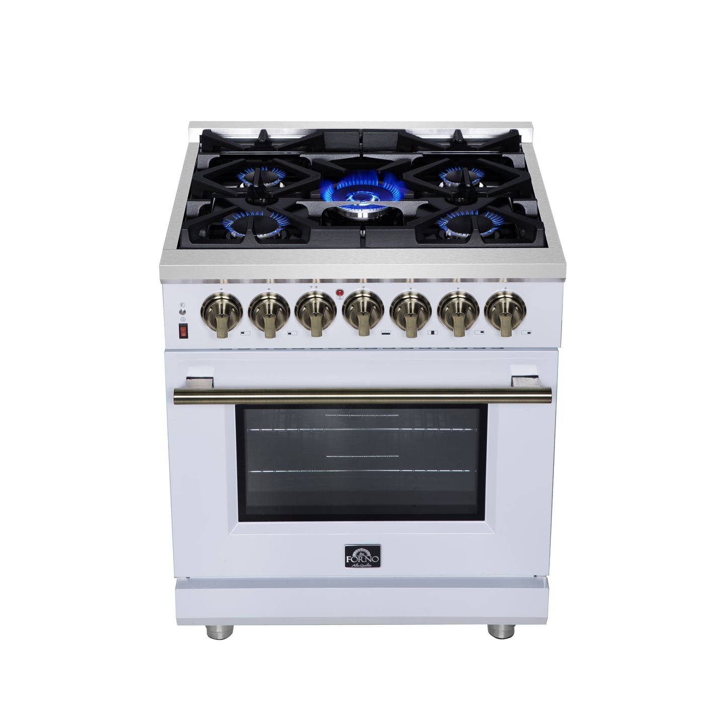 Cocina independiente de combustible dual Forno Massimo de 30 pulgadas en blanco con accesorios de latón antiguo, 4 quemadores, horno de convección de 4.32 pies cúbicos