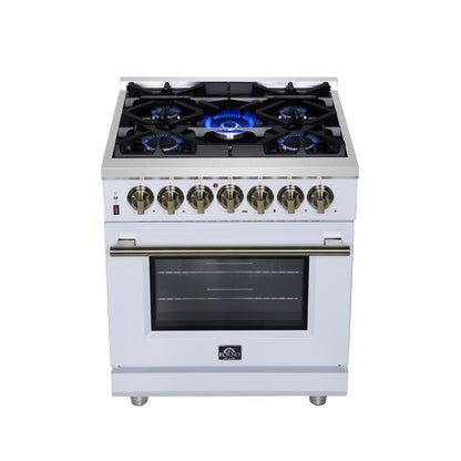 Cocina independiente de combustible dual Forno Massimo de 30 pulgadas en blanco con accesorios de latón antiguo, 4 quemadores, horno de convección de 4.32 pies cúbicos