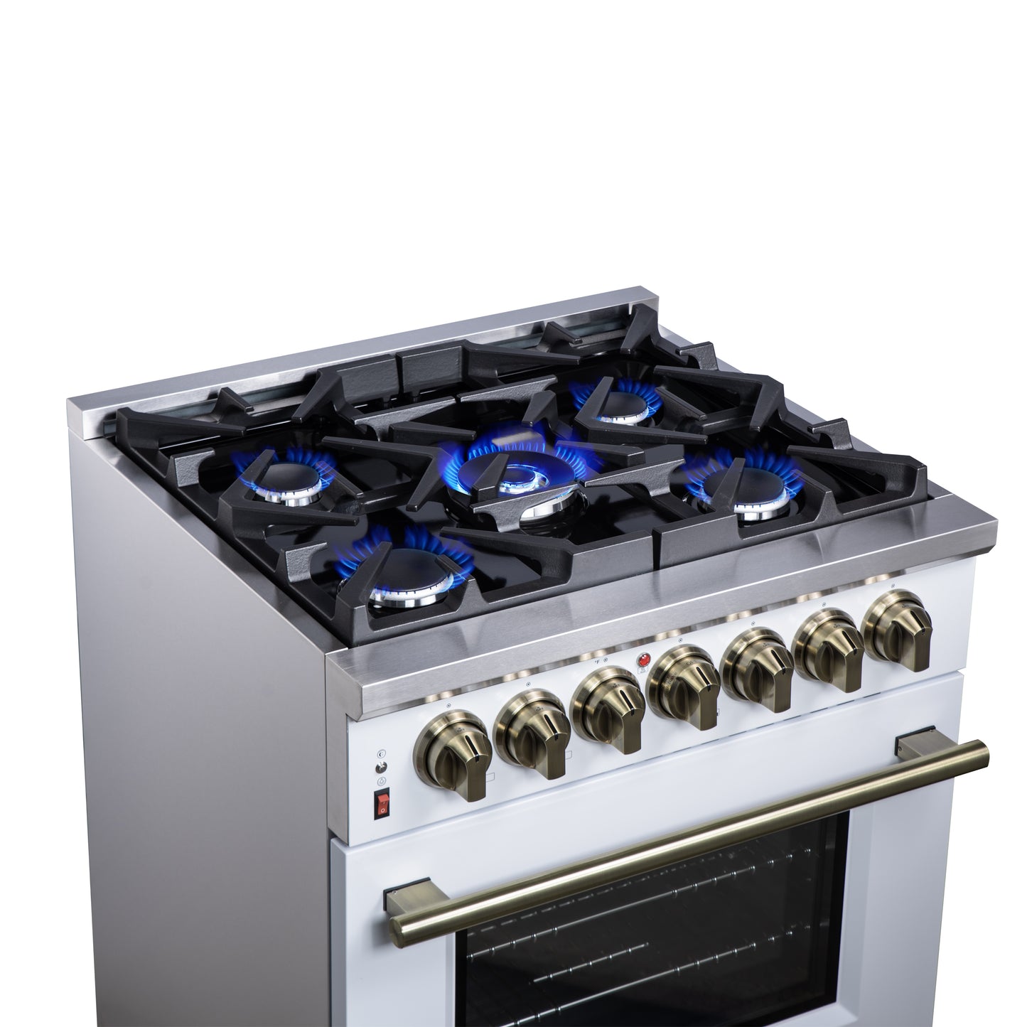 Cocina independiente de combustible dual Forno Massimo de 30 pulgadas en blanco con accesorios de latón antiguo, 4 quemadores, horno de convección de 4.32 pies cúbicos