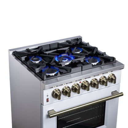 Cocina independiente de combustible dual Forno Massimo de 30 pulgadas en blanco con accesorios de latón antiguo, 4 quemadores, horno de convección de 4.32 pies cúbicos