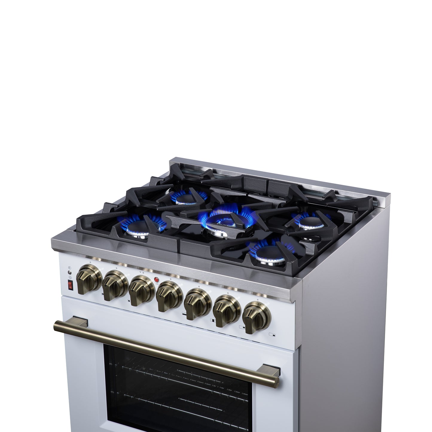 Cocina independiente de combustible dual Forno Massimo de 30 pulgadas en blanco con accesorios de latón antiguo, 4 quemadores, horno de convección de 4.32 pies cúbicos