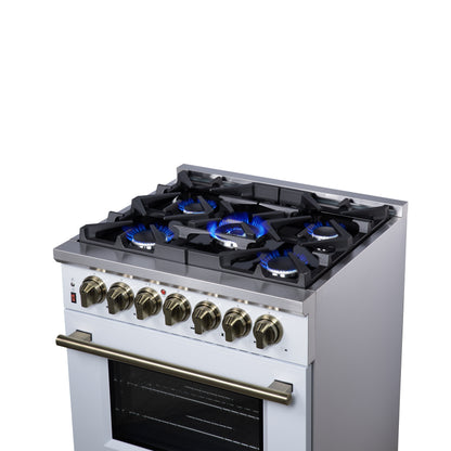 Cocina independiente de combustible dual Forno Massimo de 30 pulgadas en blanco con accesorios de latón antiguo, 4 quemadores, horno de convección de 4.32 pies cúbicos
