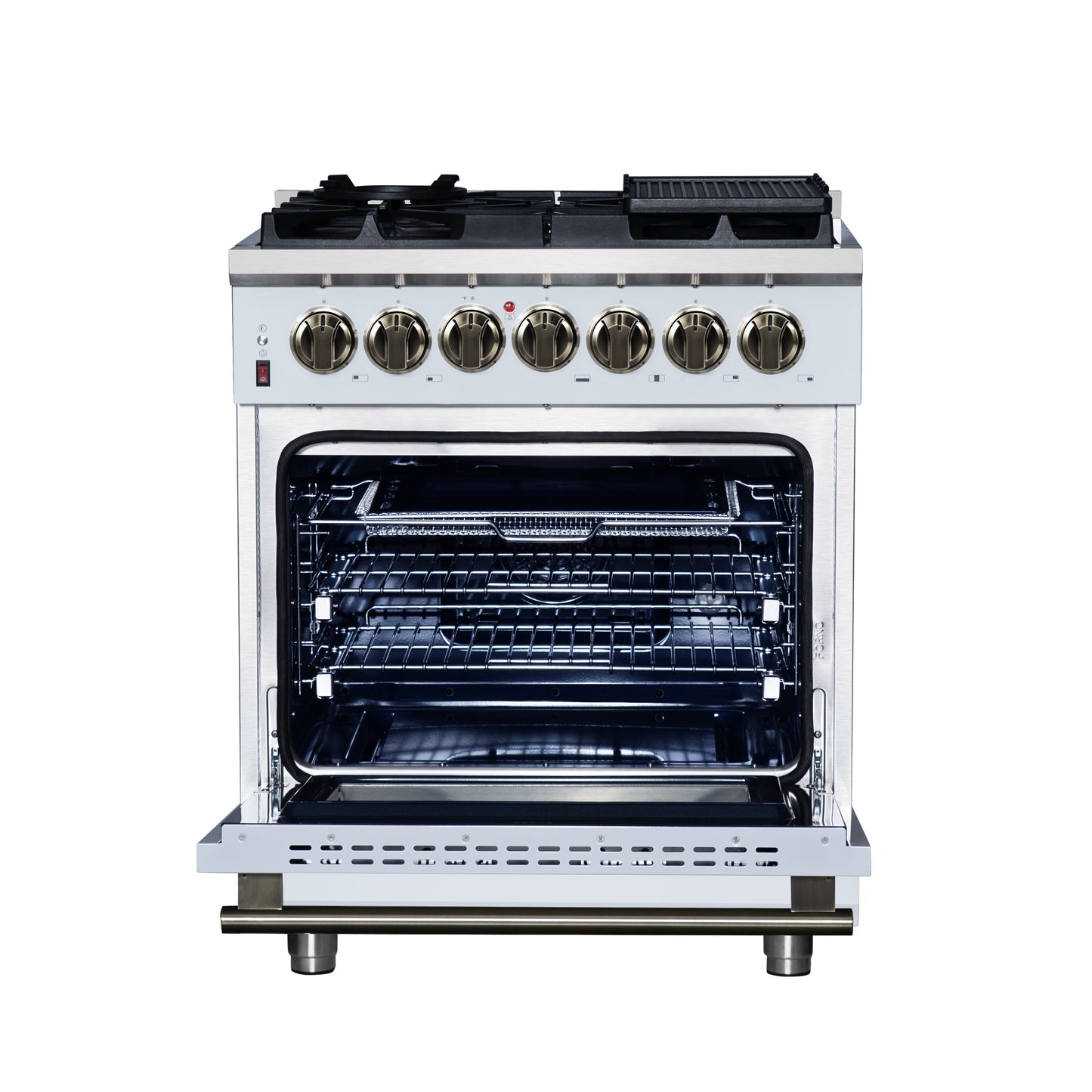 Cocina independiente de combustible dual Forno Massimo de 30 pulgadas en blanco con accesorios de latón antiguo, 4 quemadores, horno de convección de 4.32 pies cúbicos