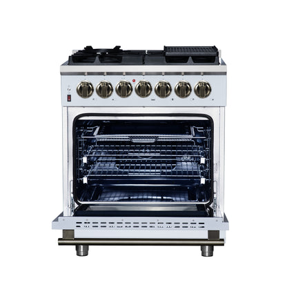 Cocina independiente de combustible dual Forno Massimo de 30 pulgadas en blanco con accesorios de latón antiguo, 4 quemadores, horno de convección de 4.32 pies cúbicos