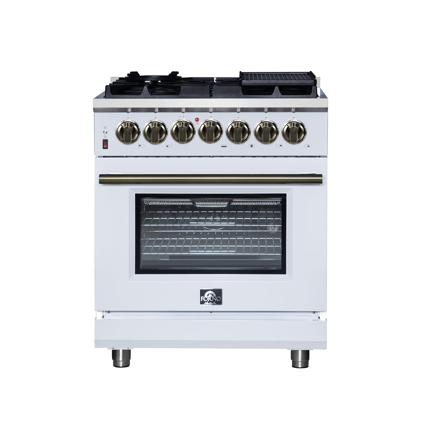 Cocina independiente de combustible dual Forno Massimo de 30 pulgadas en blanco con accesorios de latón antiguo, 4 quemadores, horno de convección de 4.32 pies cúbicos
