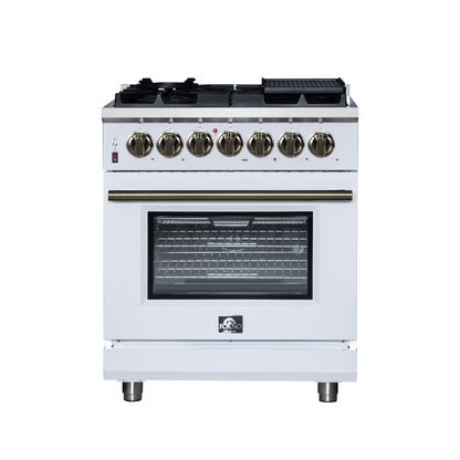 Cocina independiente de combustible dual Forno Massimo de 30 pulgadas en blanco con accesorios de latón antiguo, 4 quemadores, horno de convección de 4.32 pies cúbicos