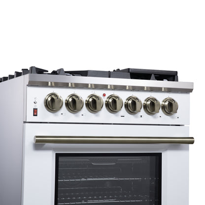 Cocina independiente de combustible dual Forno Massimo de 30 pulgadas en blanco con accesorios de latón antiguo, 4 quemadores, horno de convección de 4.32 pies cúbicos