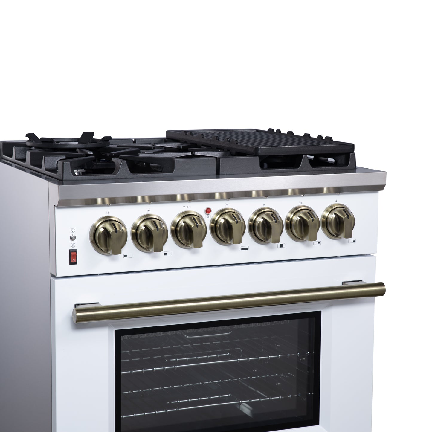 Cocina independiente de combustible dual Forno Massimo de 30 pulgadas en blanco con accesorios de latón antiguo, 4 quemadores, horno de convección de 4.32 pies cúbicos