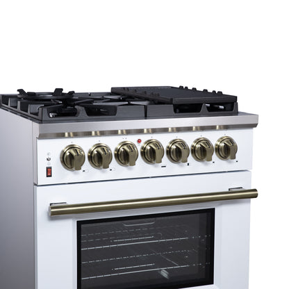 Cocina independiente de combustible dual Forno Massimo de 30 pulgadas en blanco con accesorios de latón antiguo, 4 quemadores, horno de convección de 4.32 pies cúbicos