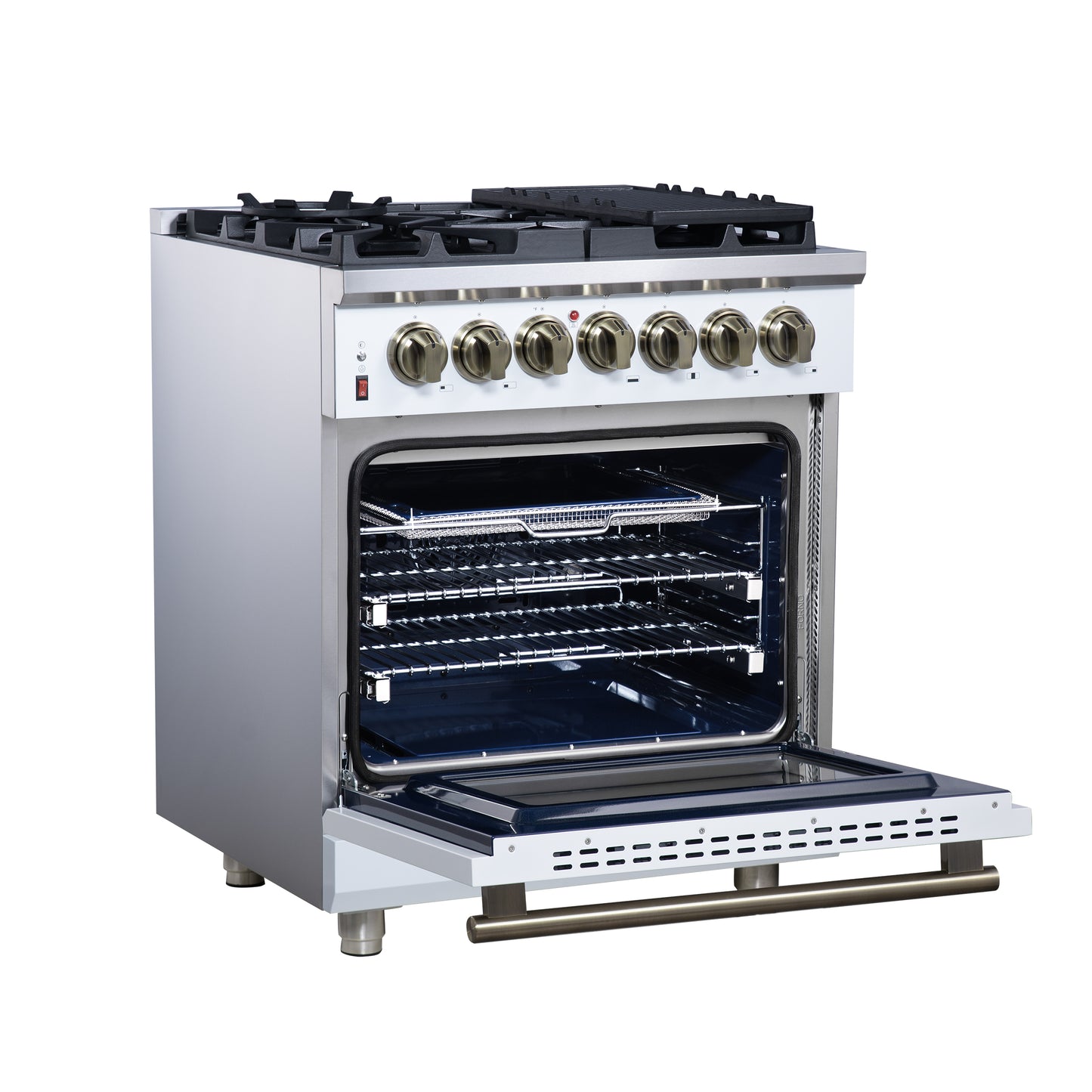 Cocina independiente de combustible dual Forno Massimo de 30 pulgadas en blanco con accesorios de latón antiguo, 4 quemadores, horno de convección de 4.32 pies cúbicos