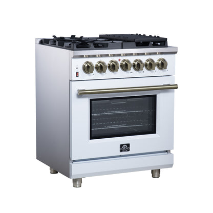Cocina independiente de combustible dual Forno Massimo de 30 pulgadas en blanco con accesorios de latón antiguo, 4 quemadores, horno de convección de 4.32 pies cúbicos