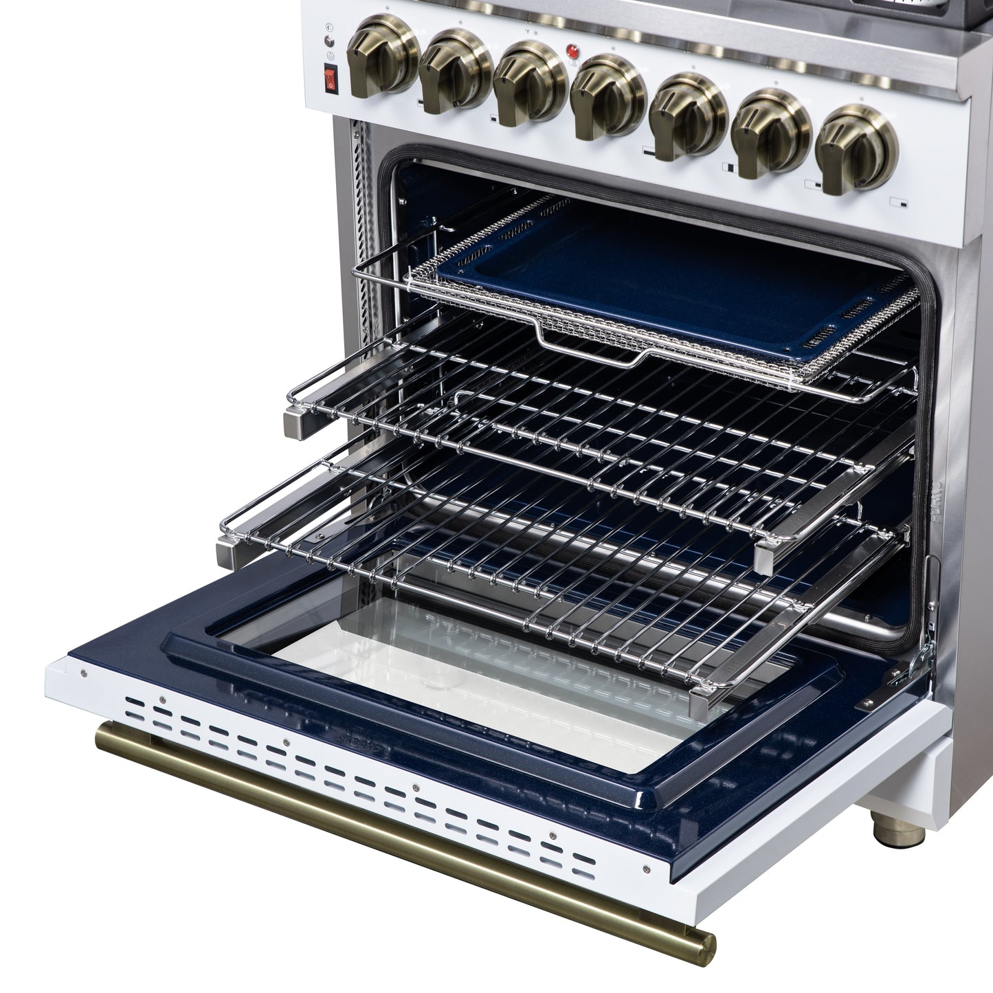 Cocina independiente de combustible dual Forno Massimo de 30 pulgadas en blanco con accesorios de latón antiguo, 4 quemadores, horno de convección de 4.32 pies cúbicos