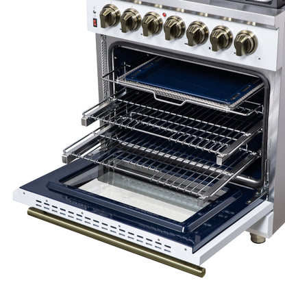 Cocina independiente de combustible dual Forno Massimo de 30 pulgadas en blanco con accesorios de latón antiguo, 4 quemadores, horno de convección de 4.32 pies cúbicos