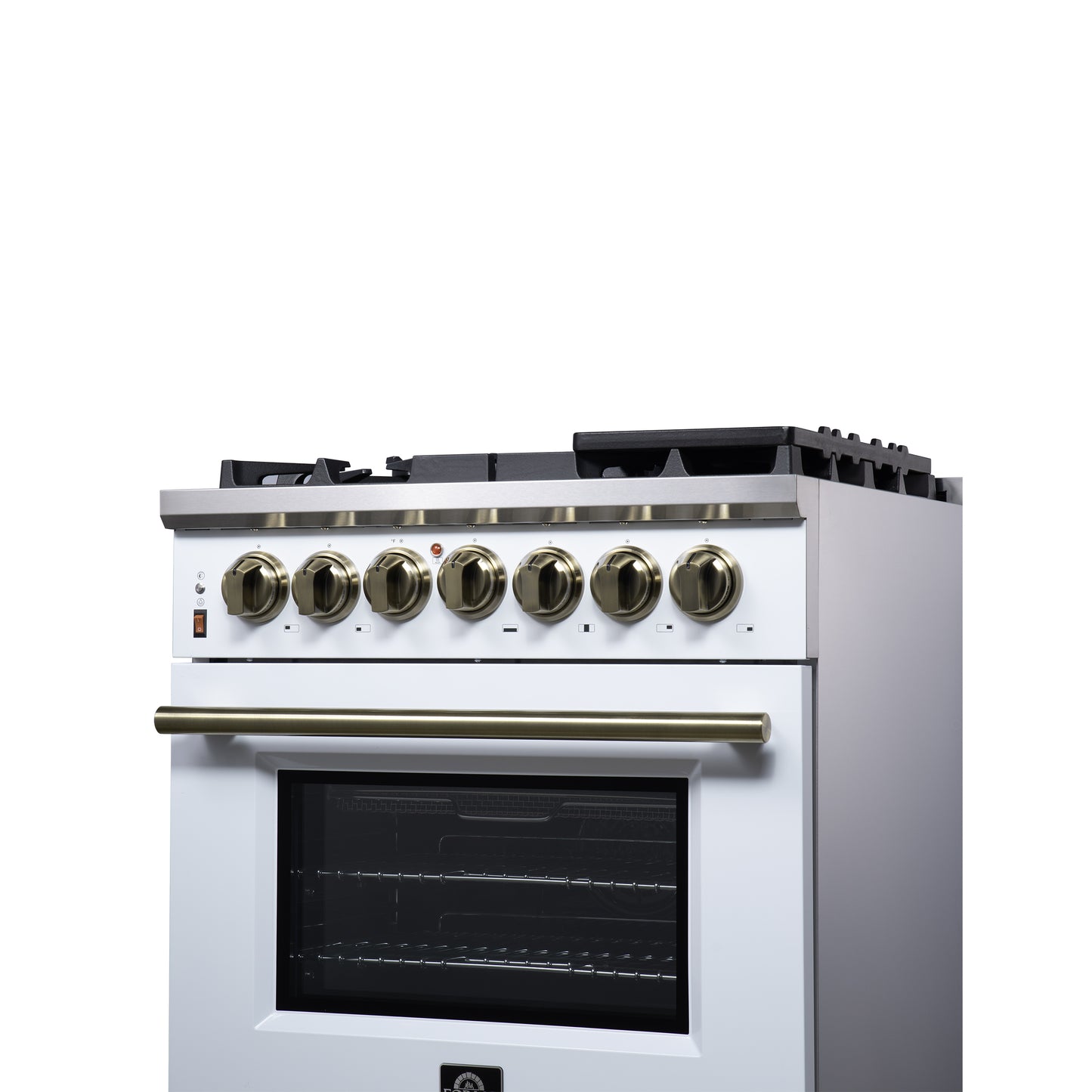 Cocina independiente de combustible dual Forno Massimo de 30 pulgadas en blanco con accesorios de latón antiguo, 4 quemadores, horno de convección de 4.32 pies cúbicos