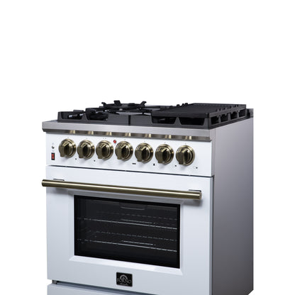 Cocina independiente de combustible dual Forno Massimo de 30 pulgadas en blanco con accesorios de latón antiguo, 4 quemadores, horno de convección de 4.32 pies cúbicos