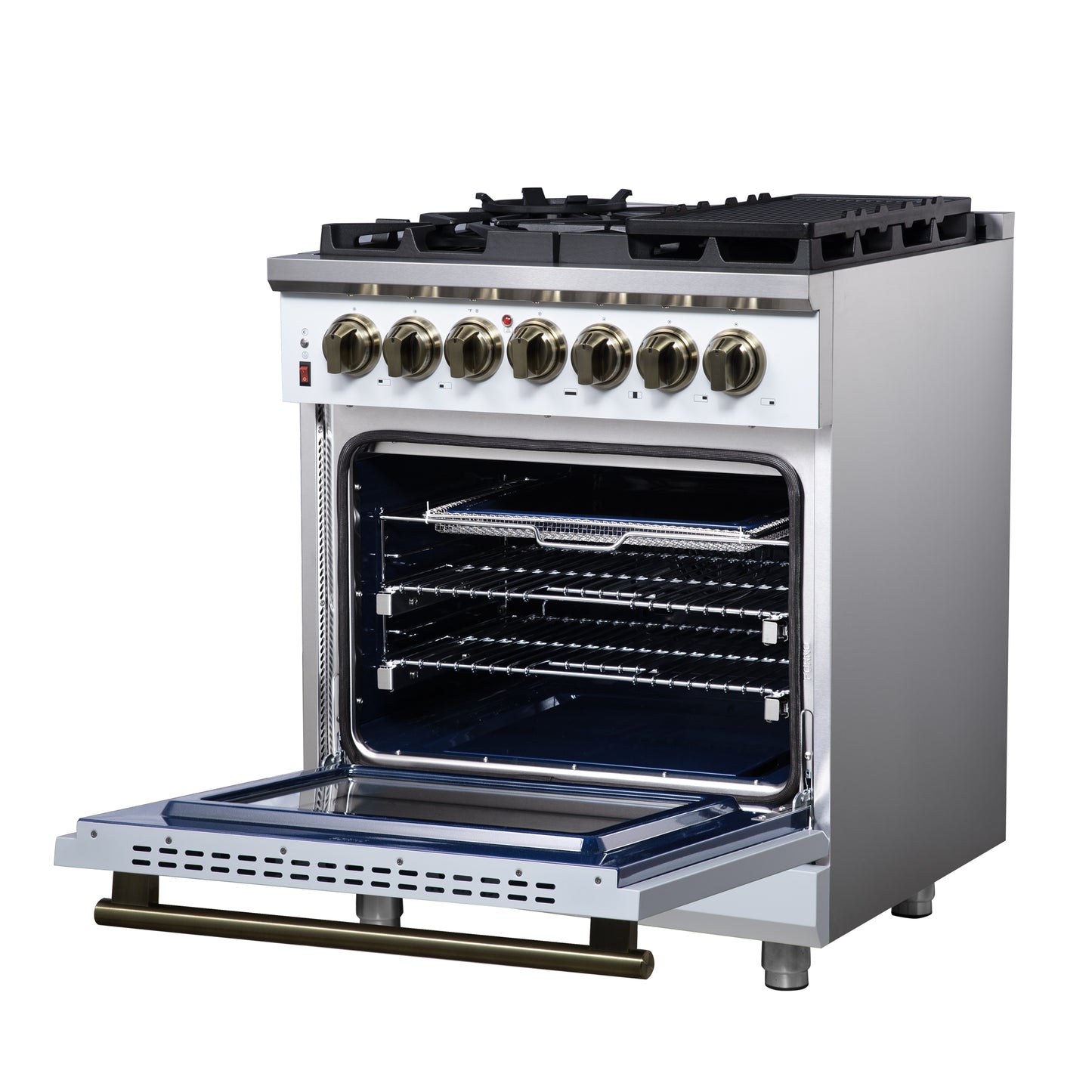 Cocina independiente de combustible dual Forno Massimo de 30 pulgadas en blanco con accesorios de latón antiguo, 4 quemadores, horno de convección de 4.32 pies cúbicos