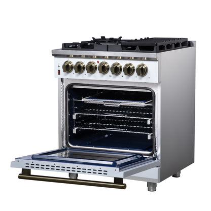 Cocina independiente de combustible dual Forno Massimo de 30 pulgadas en blanco con accesorios de latón antiguo, 4 quemadores, horno de convección de 4.32 pies cúbicos