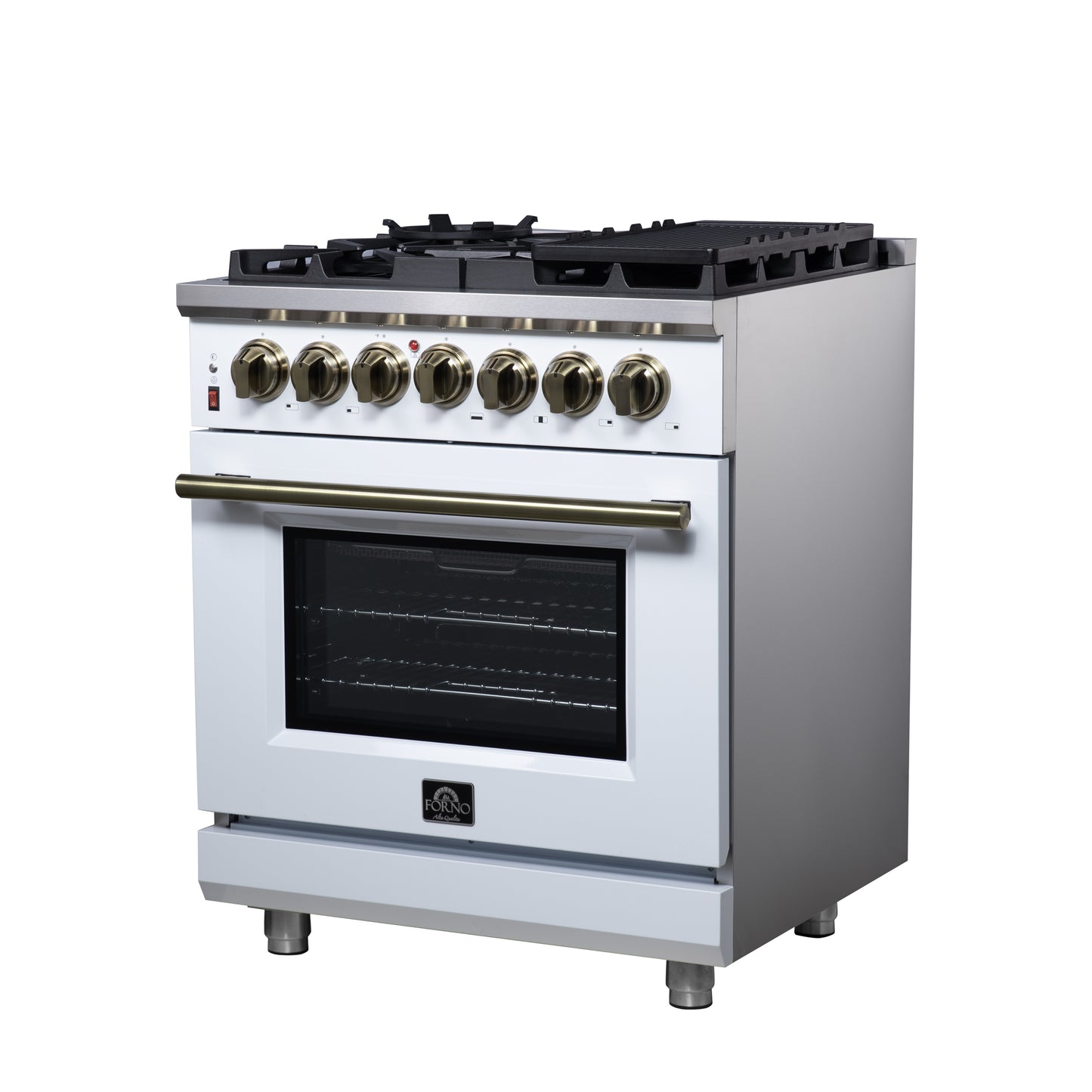 Cocina independiente de combustible dual Forno Massimo de 30 pulgadas en blanco con accesorios de latón antiguo, 4 quemadores, horno de convección de 4.32 pies cúbicos