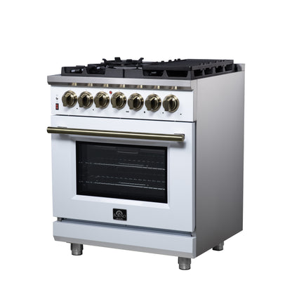 Cocina independiente de combustible dual Forno Massimo de 30 pulgadas en blanco con accesorios de latón antiguo, 4 quemadores, horno de convección de 4.32 pies cúbicos