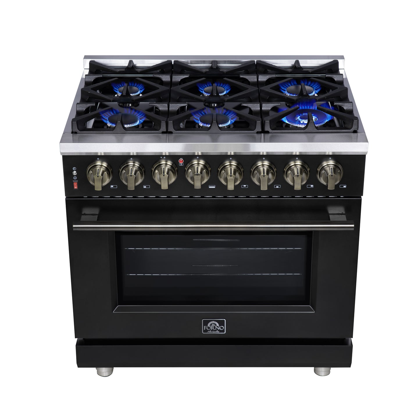 Cuisinière bi-énergie autonome Forno Massimo de 36 pouces, noire, avec accessoires en laiton antique, 6 brûleurs et four à convection de 5,36 pi³.