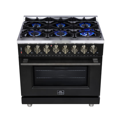 Cuisinière bi-énergie autonome Forno Massimo de 36 pouces, noire, avec accessoires en laiton antique, 6 brûleurs et four à convection de 5,36 pi³.