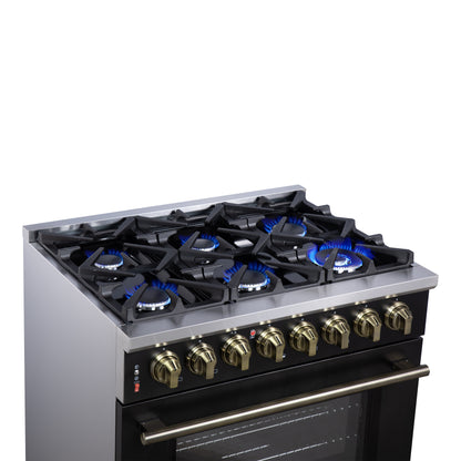 Cuisinière bi-énergie autonome Forno Massimo de 36 pouces, noire, avec accessoires en laiton antique, 6 brûleurs et four à convection de 5,36 pi³.
