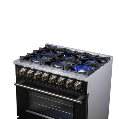 Cuisinière bi-énergie autonome Forno Massimo de 36 pouces, noire, avec accessoires en laiton antique, 6 brûleurs et four à convection de 5,36 pi³.