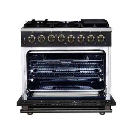 Cuisinière bi-énergie autonome Forno Massimo de 36 pouces, noire, avec accessoires en laiton antique, 6 brûleurs et four à convection de 5,36 pi³.