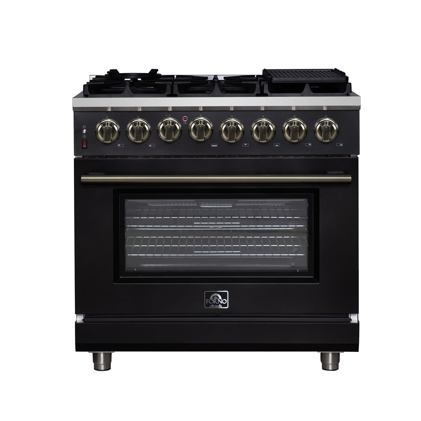 Cuisinière bi-énergie autonome Forno Massimo de 36 pouces, noire, avec accessoires en laiton antique, 6 brûleurs et four à convection de 5,36 pi³.
