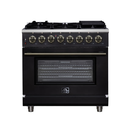 Cuisinière bi-énergie autonome Forno Massimo de 36 pouces, noire, avec accessoires en laiton antique, 6 brûleurs et four à convection de 5,36 pi³.